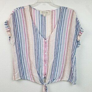 Anthropologie Cloth & Stone beachy stripe linen tie waist cropped shirt EUC